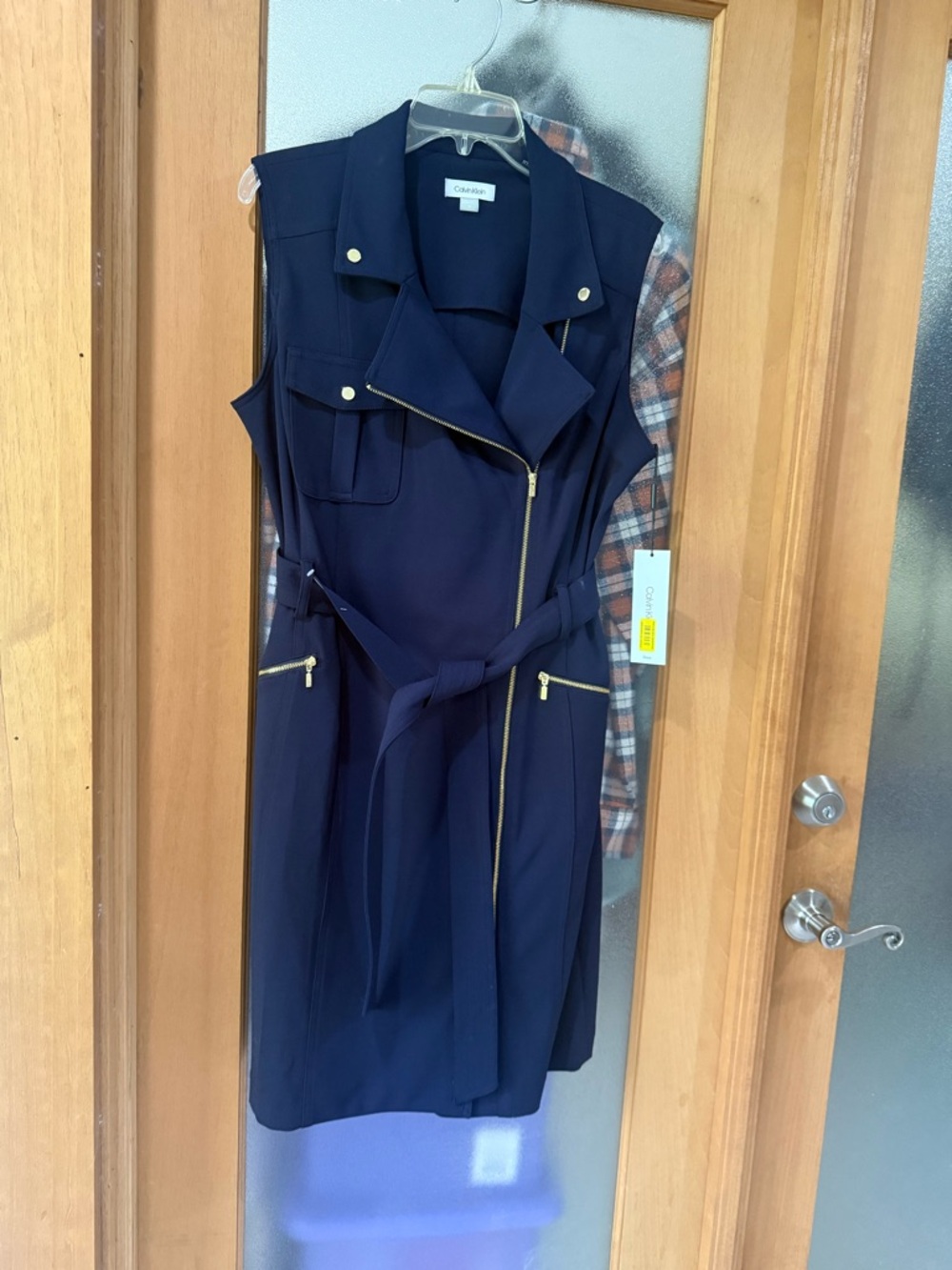 Calvin Klein Navy Sleeveless Midi Shirt Dress with Gold Hardware